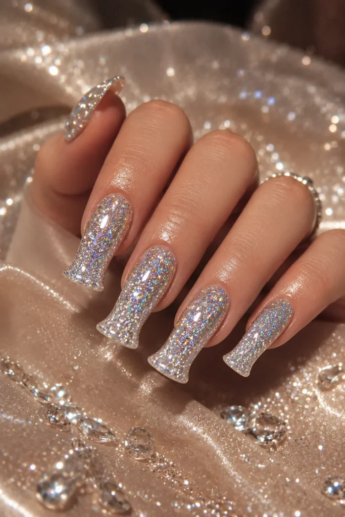 Glitter duck nails with silver sparkling accents