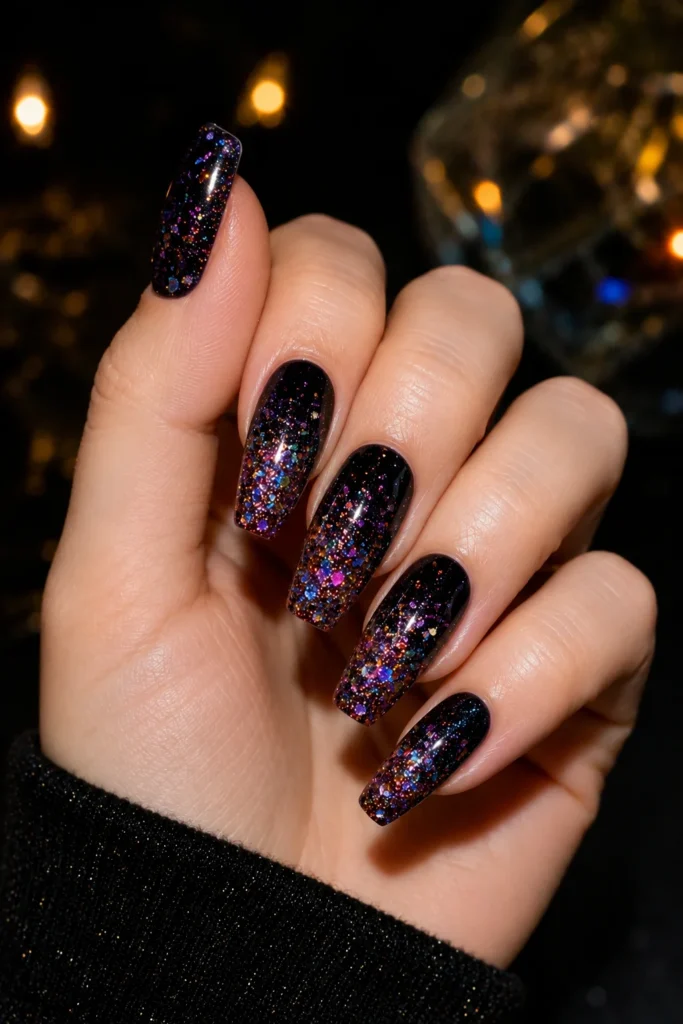 Dark polish nails layered with multicolor glitter fireworks