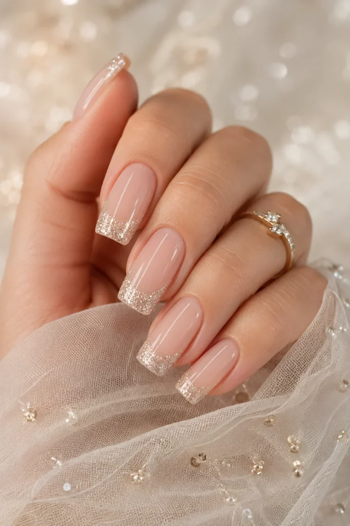 Glitter tipped french manicure bridal nails