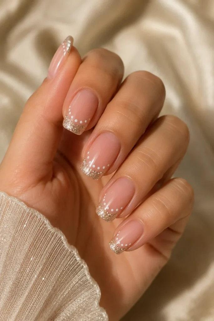 Glitter French tip nails with polka dot accents
