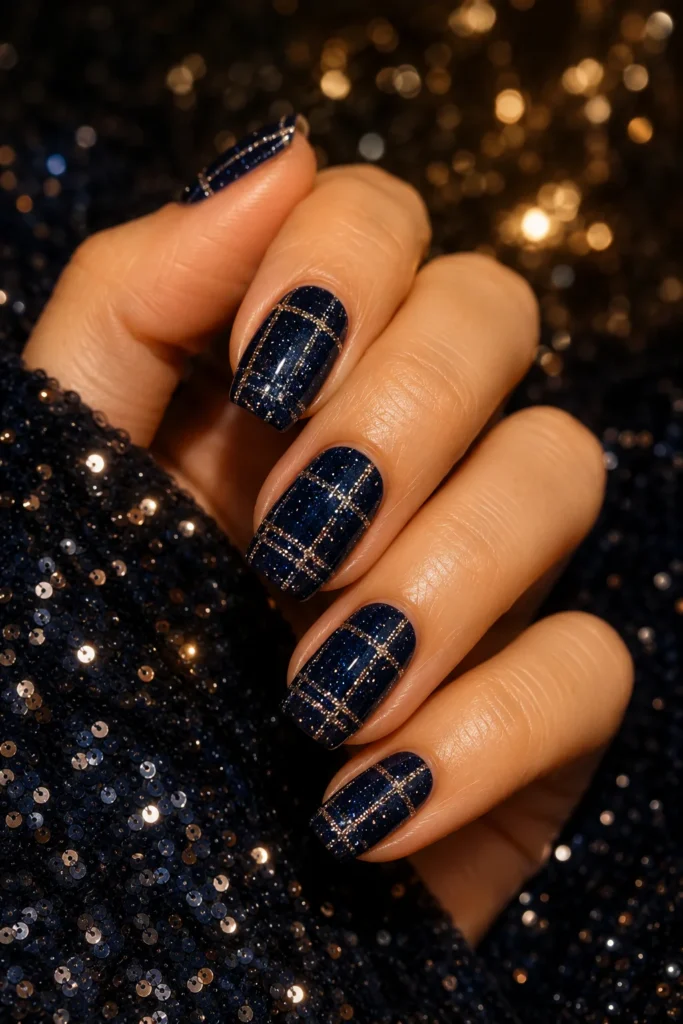 Glitter lined plaid nails over deep navy polish