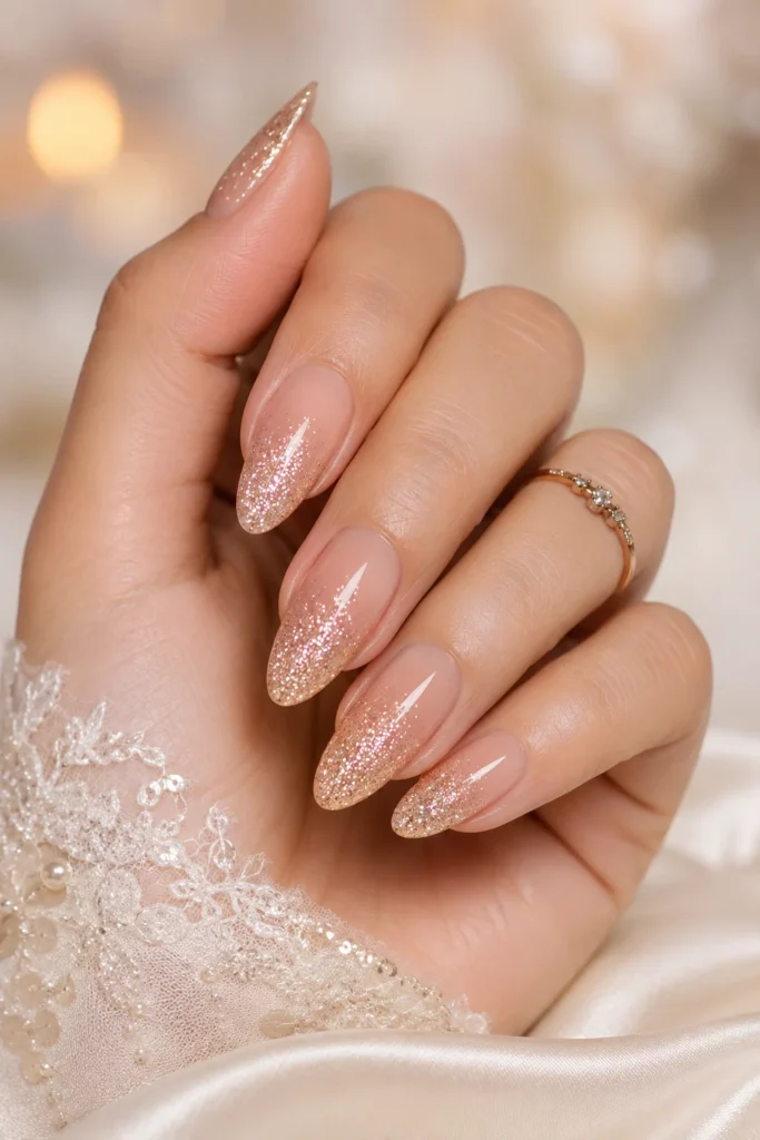 Fine glitter fading into nude bridal nail polish