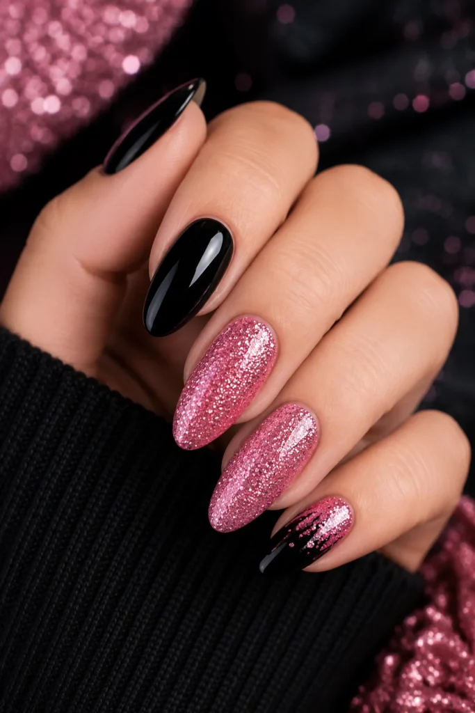 Sparkling glitter pink and bold black nail design