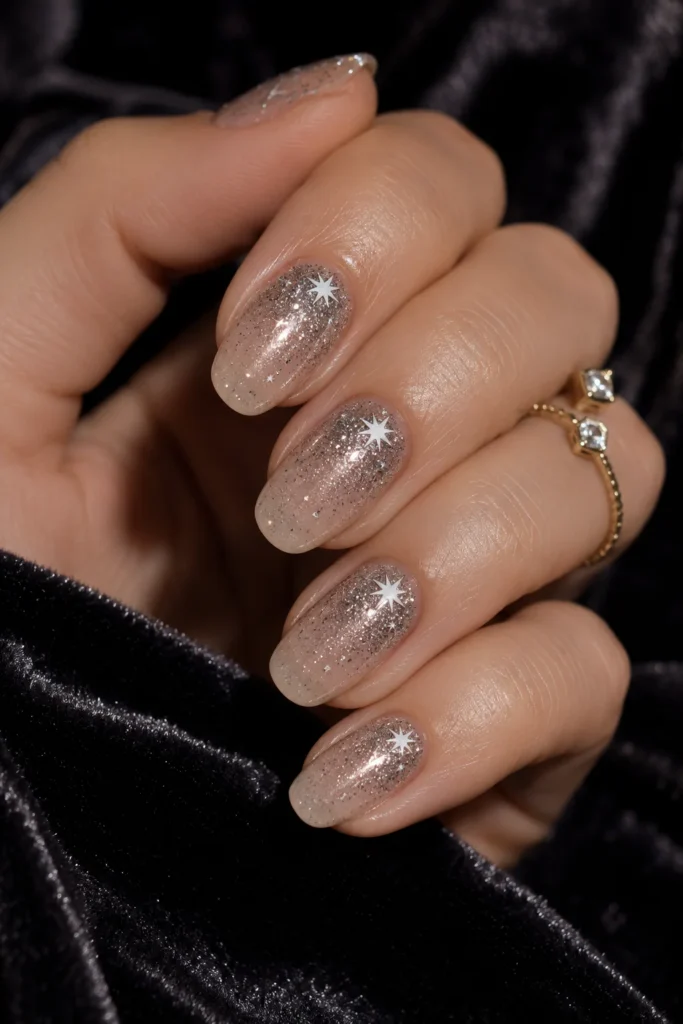 Silver glitter ombre nails with white stars