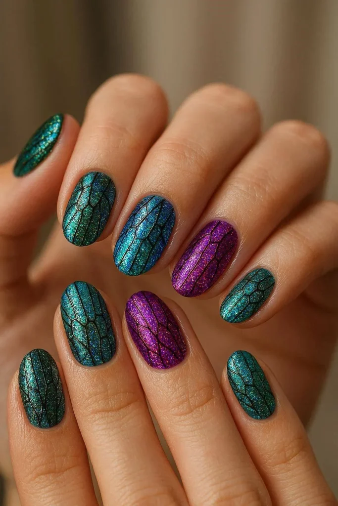 Sparkling glitter dragonfly wings on elegant nails