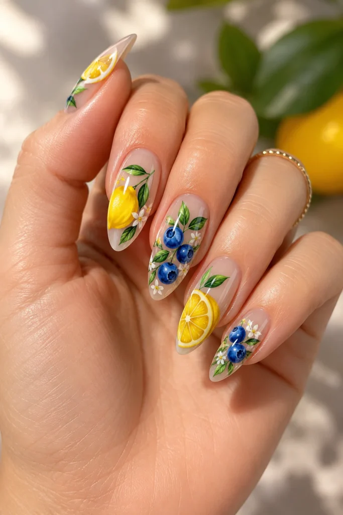 Glossy almond nails with lemon and blueberry art