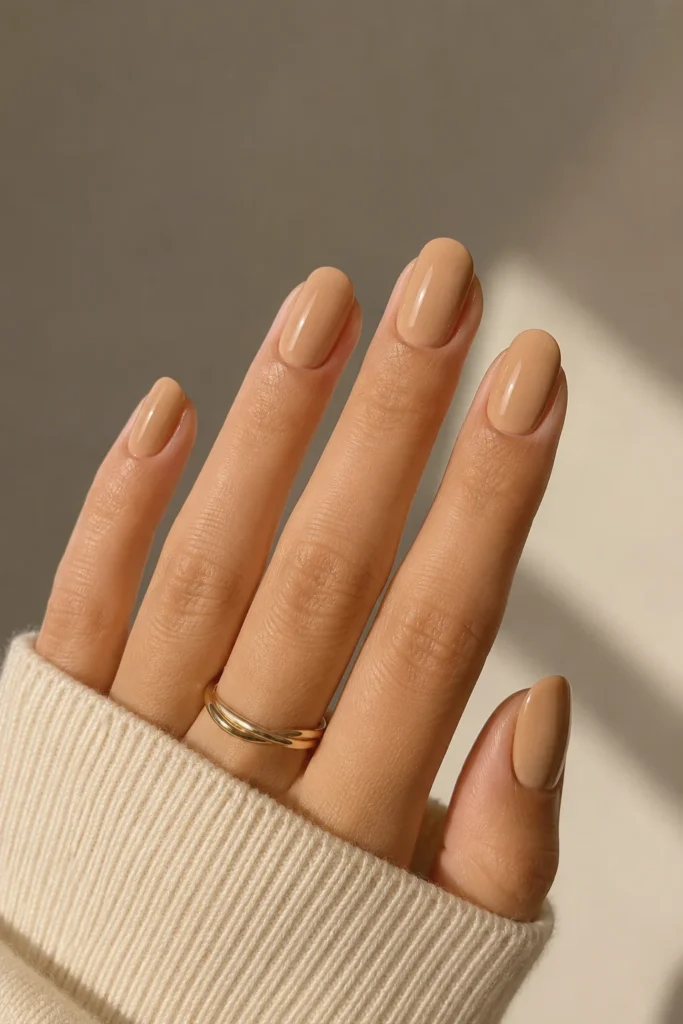 Warm beige glossy polish on natural shaped nails