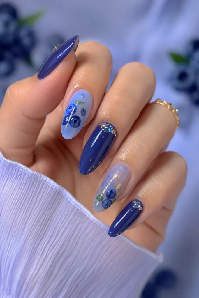 Glossy deep blueberry nails with fruit artwork