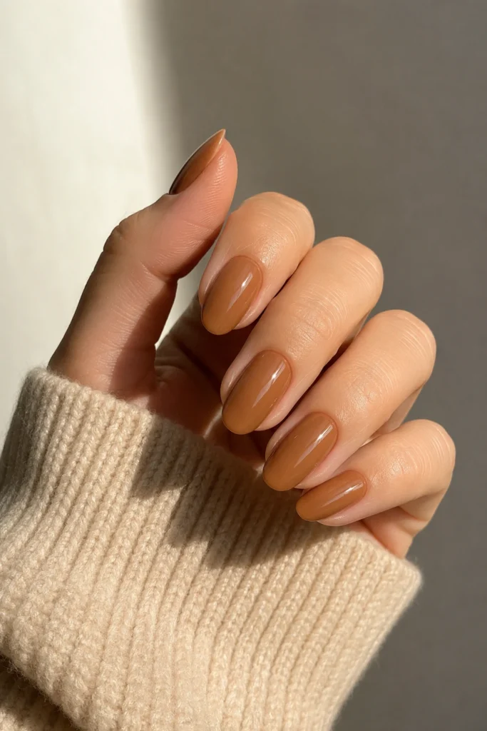 Glossy caramel nails cozy everyday manicure design