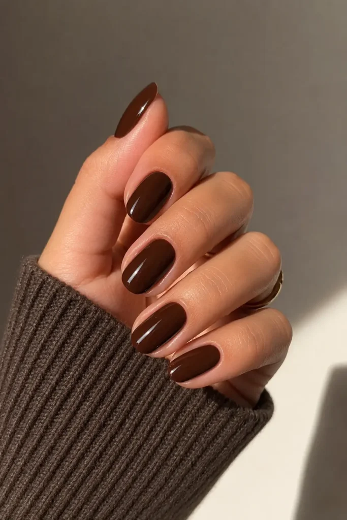 Rich glossy espresso brown polish on sleek nails