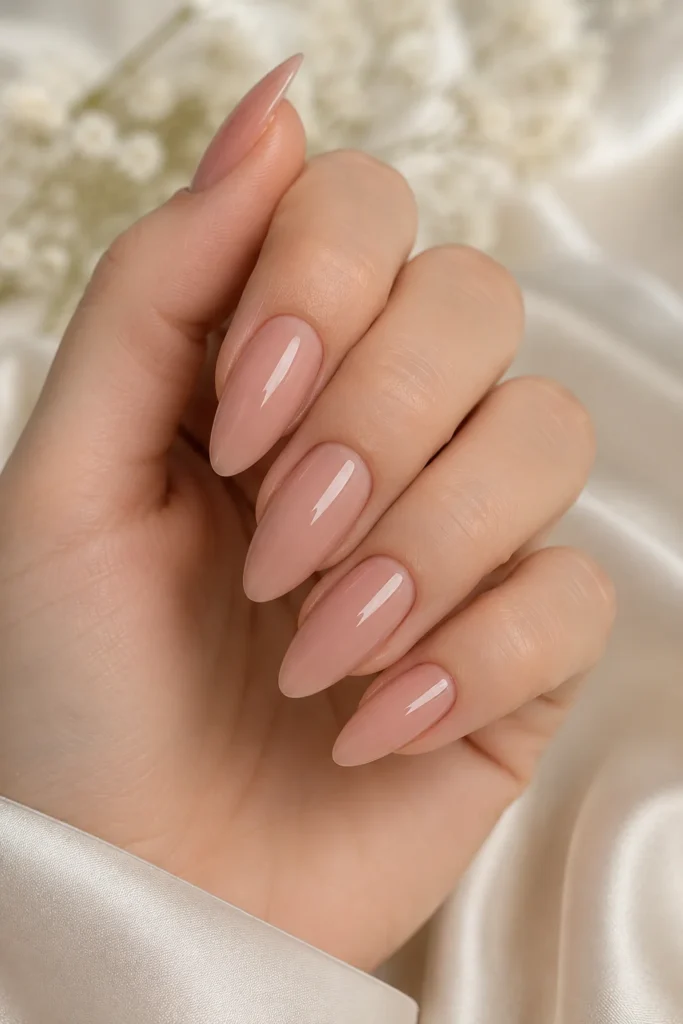 Glossy nude almond shaped bridal nails