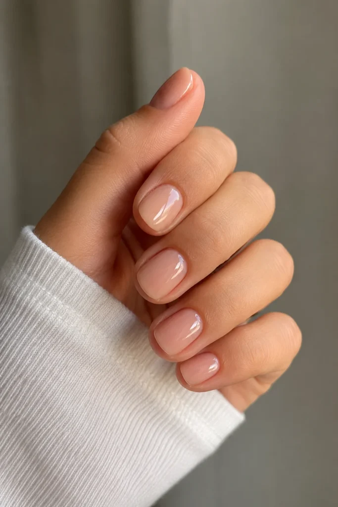 Glossy nude polish on extra short nails