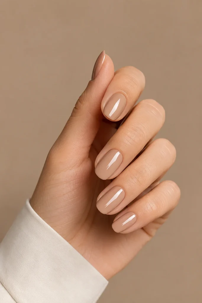 Glossy nude nails with a glass-like mirror finish