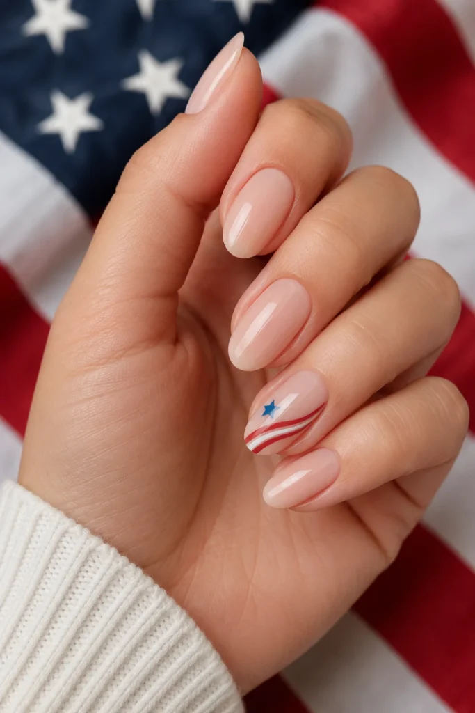Glossy nude nails with one delicate patriotic accent