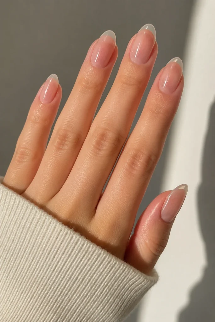 Glossy oval clear nails soft ladylike manicure shape