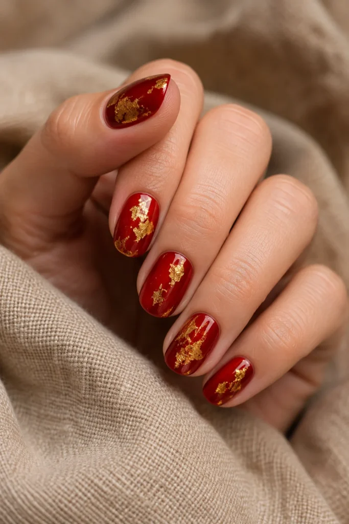 Glossy red nails with scattered gold leaf accents.