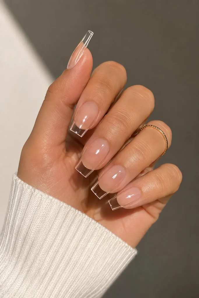 Glossy square clear nails structured modern manicure shape
