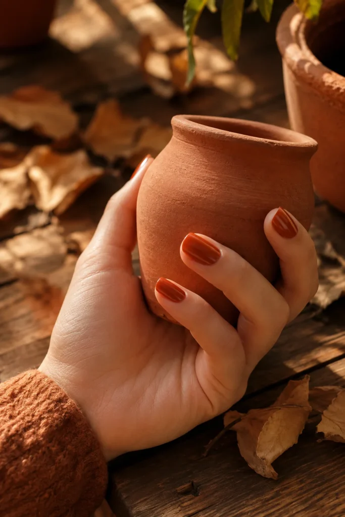 Glossy terracotta nails inspired by warm early spring colors