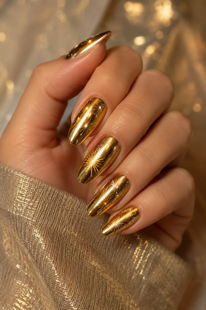 Mirror gold chrome nails with delicate spark line details