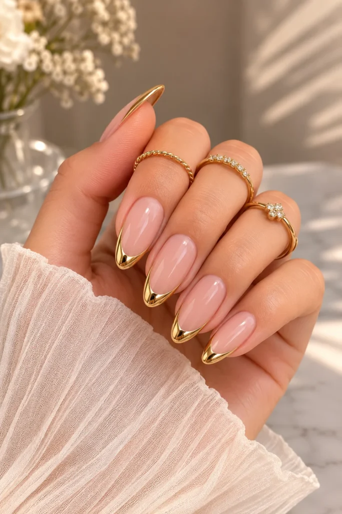 Metallic gold chrome french tip nail design
