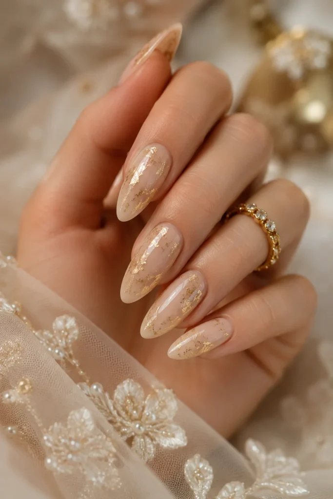 Minimal gold foil accent bridal wedding nails