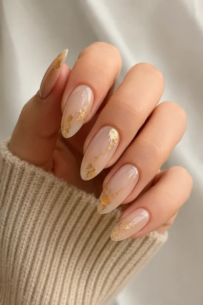 Gold foil accent nails neutral elegant shower manicure design