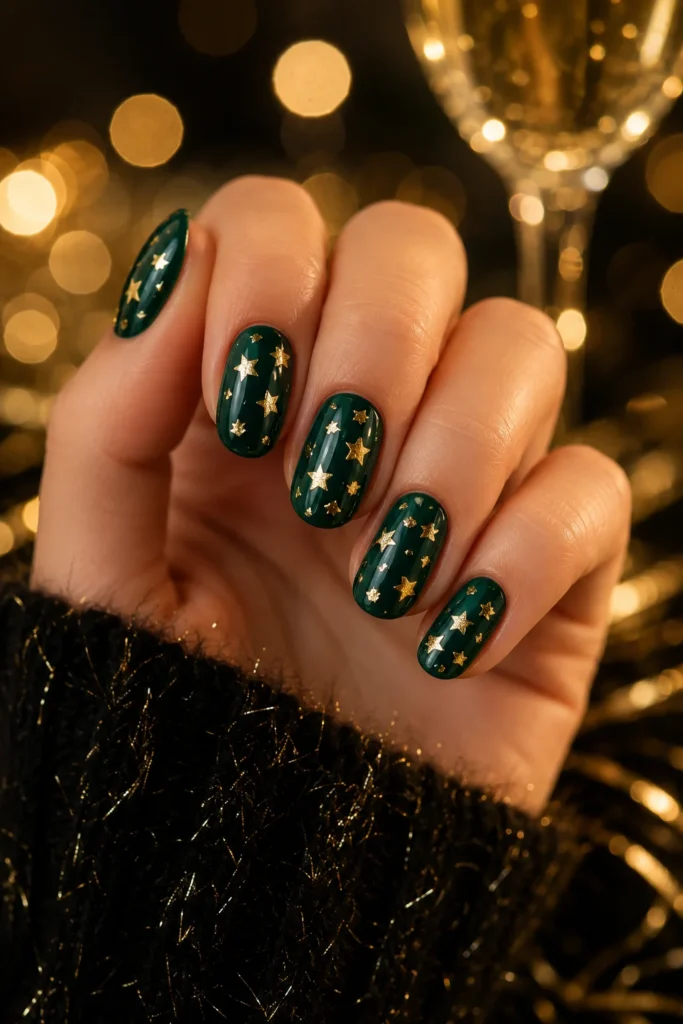 Gold foil star confetti nail art on emerald green nails