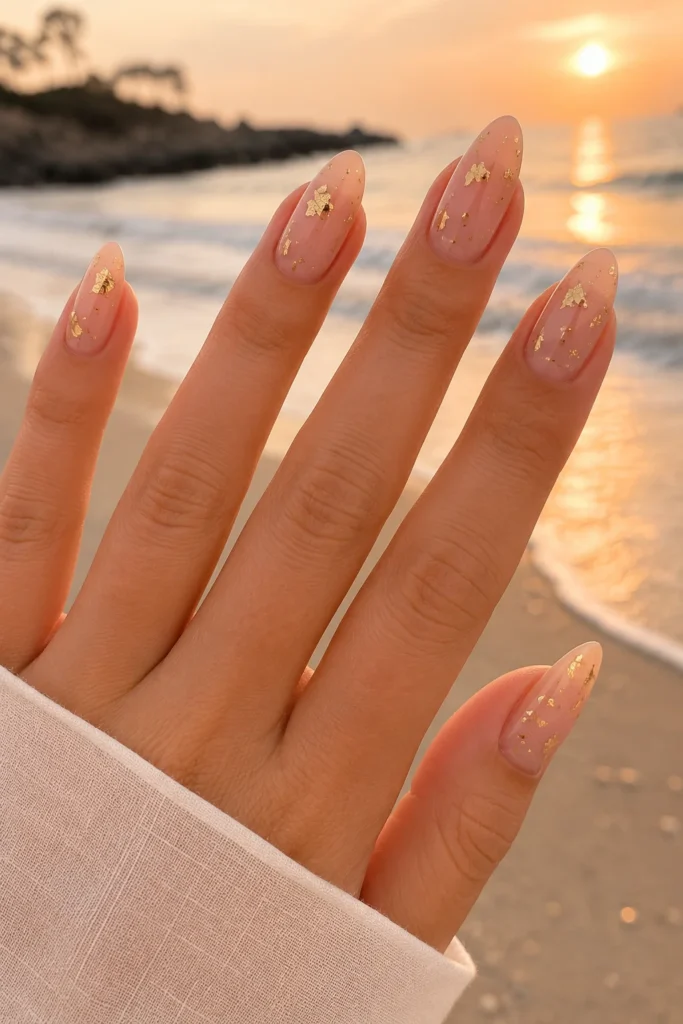 Nude nails with minimal gold foil sunset flecks