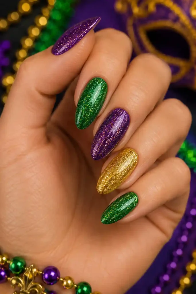 Sparkling gold glitter nails for Mardi Gras festival