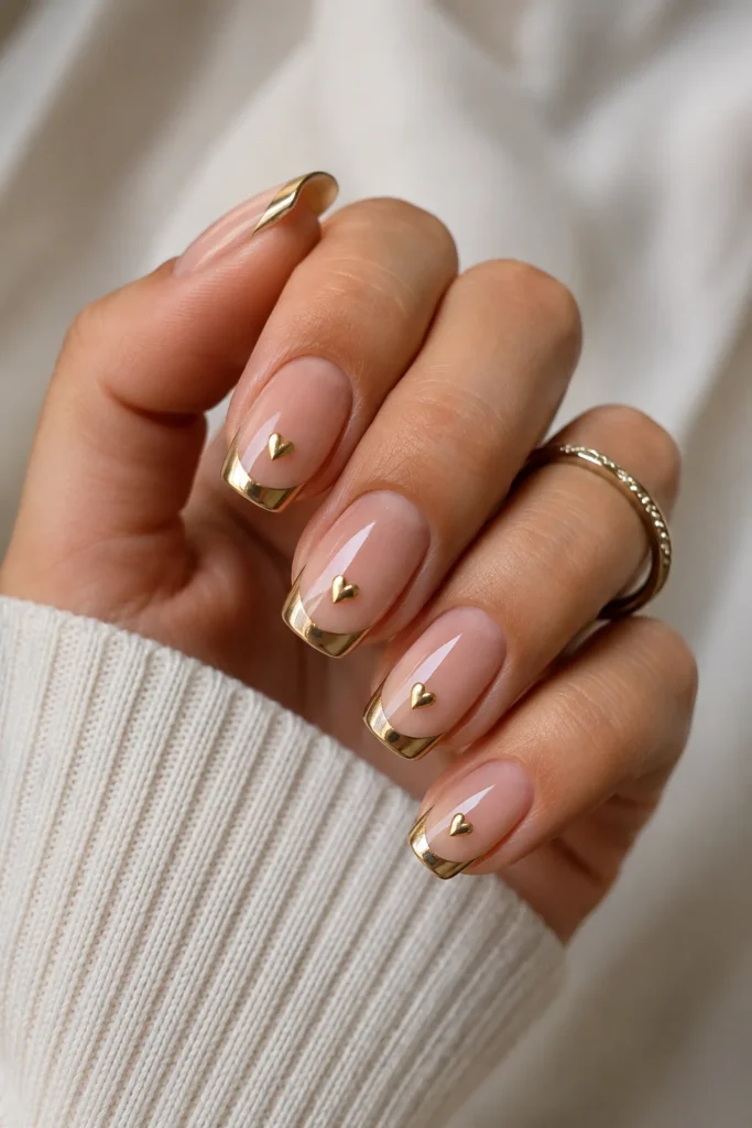 Tiny metallic gold hearts on French tip nails