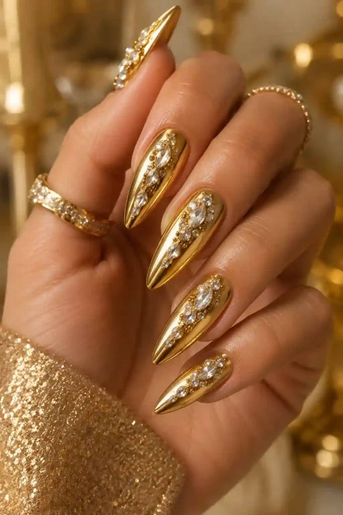Gold metallic nails with crystal rhinestone embellishments