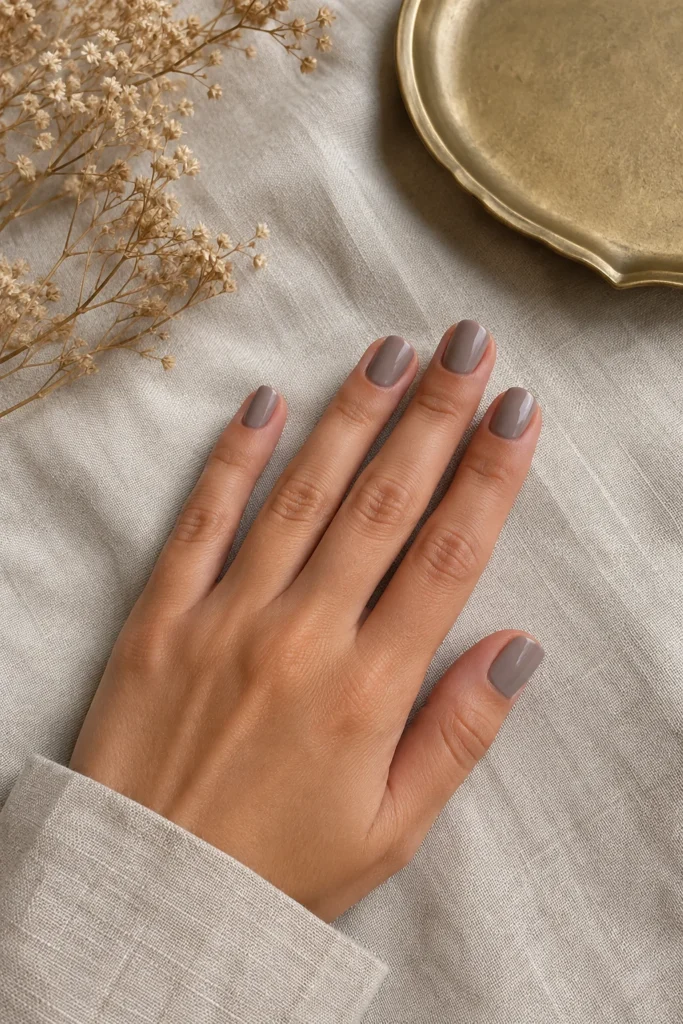 Soft gray taupe polish on short natural nails with a glossy finish.