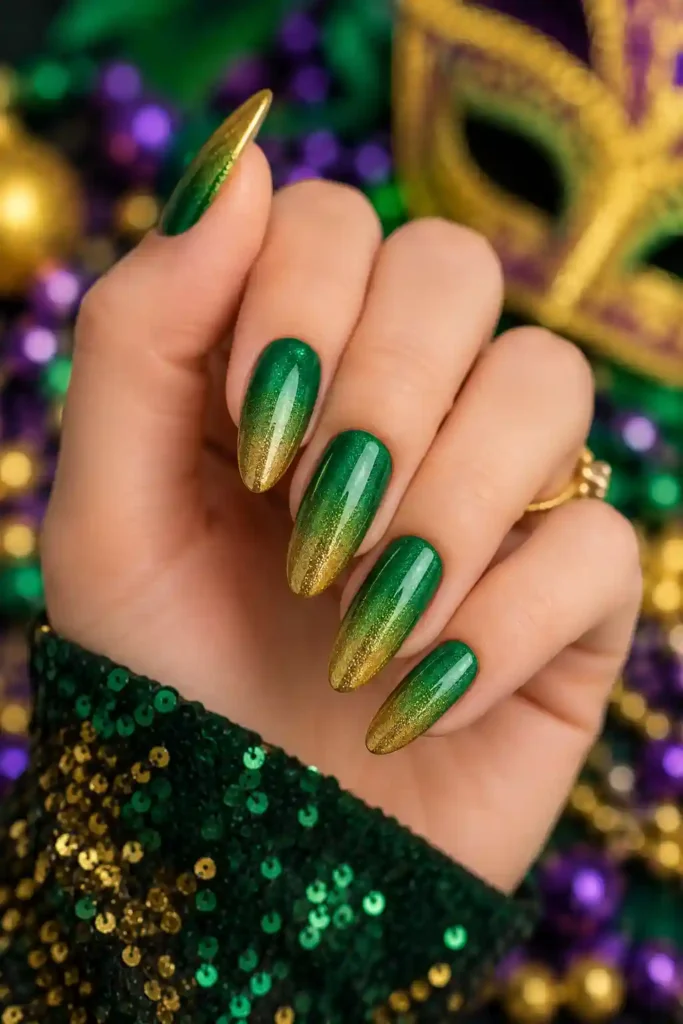 Green and gold ombre nails for Mardi Gras festival
