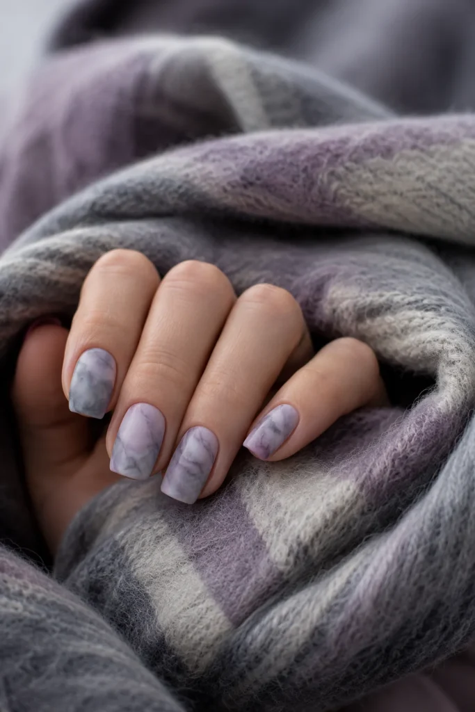 Grey and lavender marble nail design
