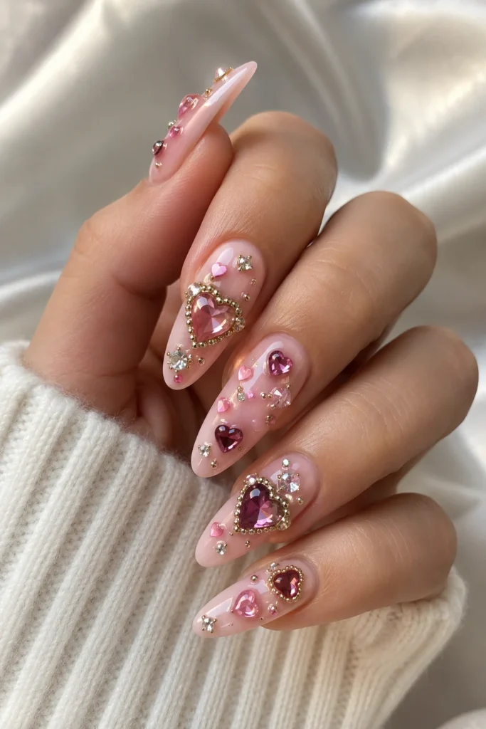 3D heart charms and rhinestones statement nail design