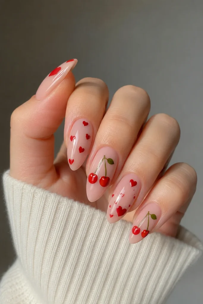 cherry inspired nail art with tiny red hearts