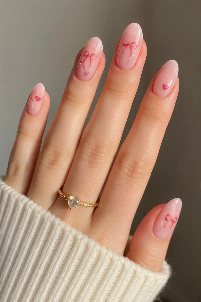 coquette bow and heart nails milky pink base