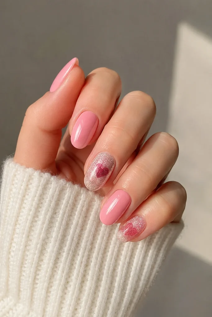 glitter heart accent nail with glossy solid nails
