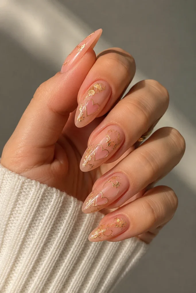 gold foil nails with delicate heart art details