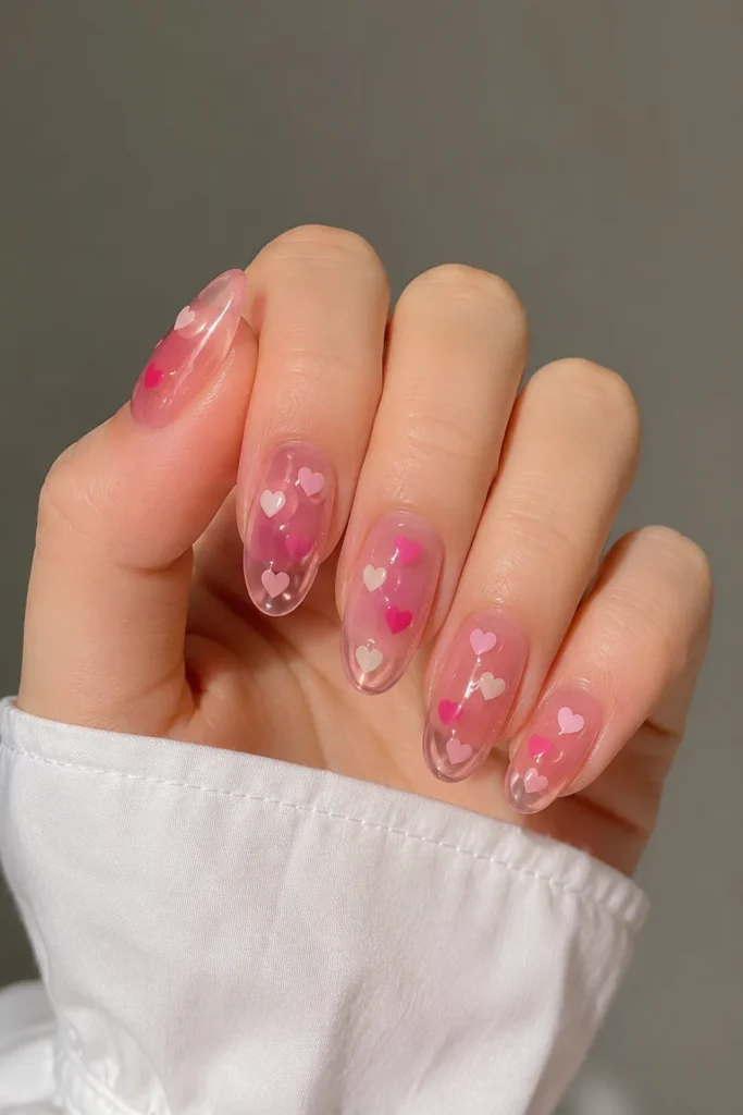 transparent jelly nails with floating heart designs
