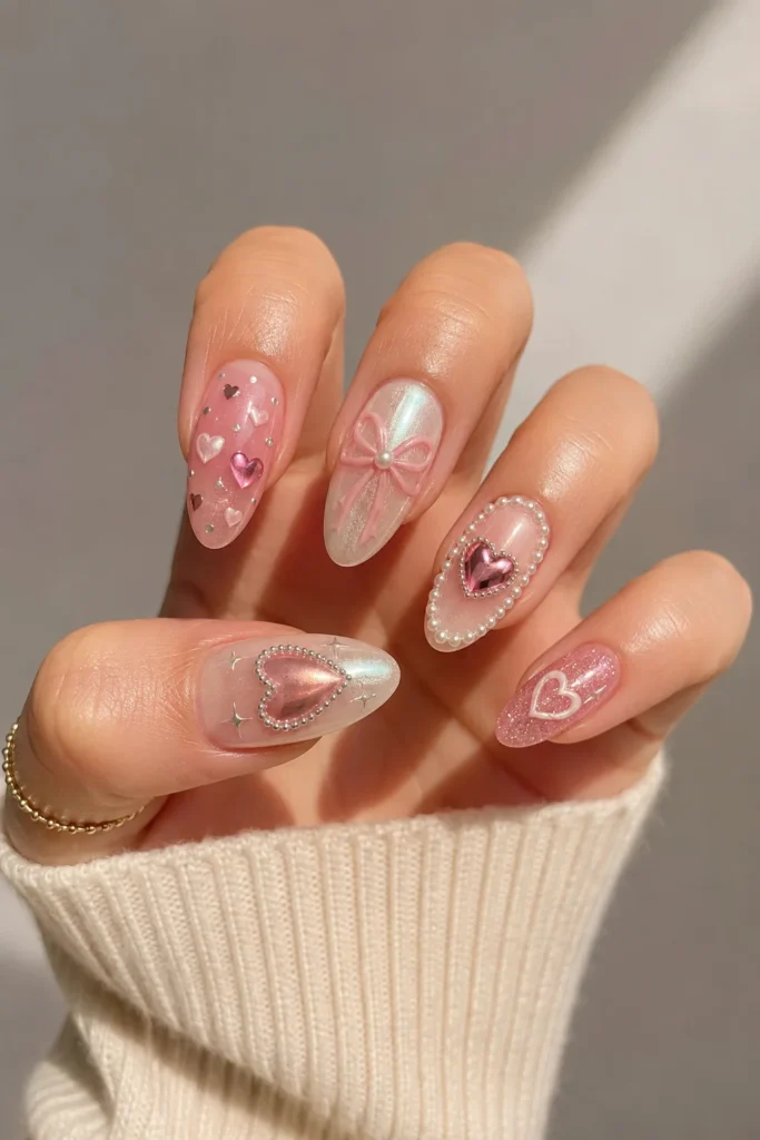 mixed heart core nails with bows pearls glitter