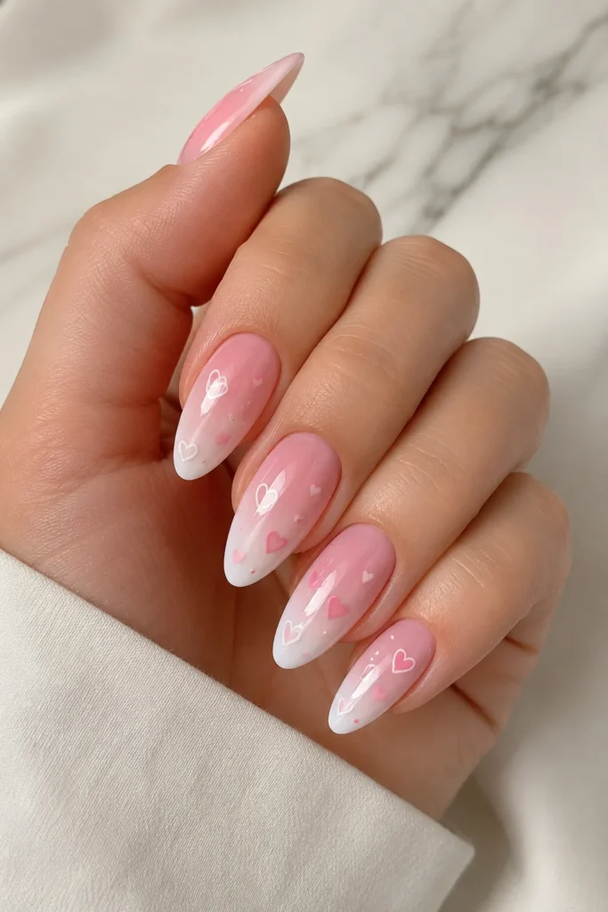 pink to white ombre nails with heart artwork