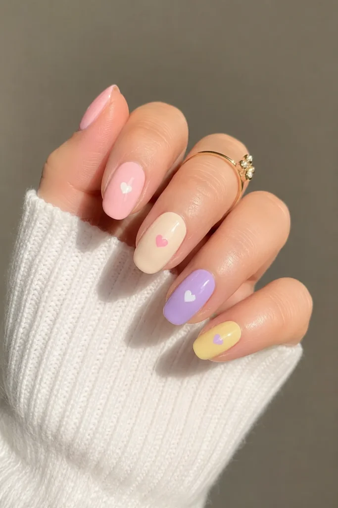 pastel colored nails with playful mini heart designs
