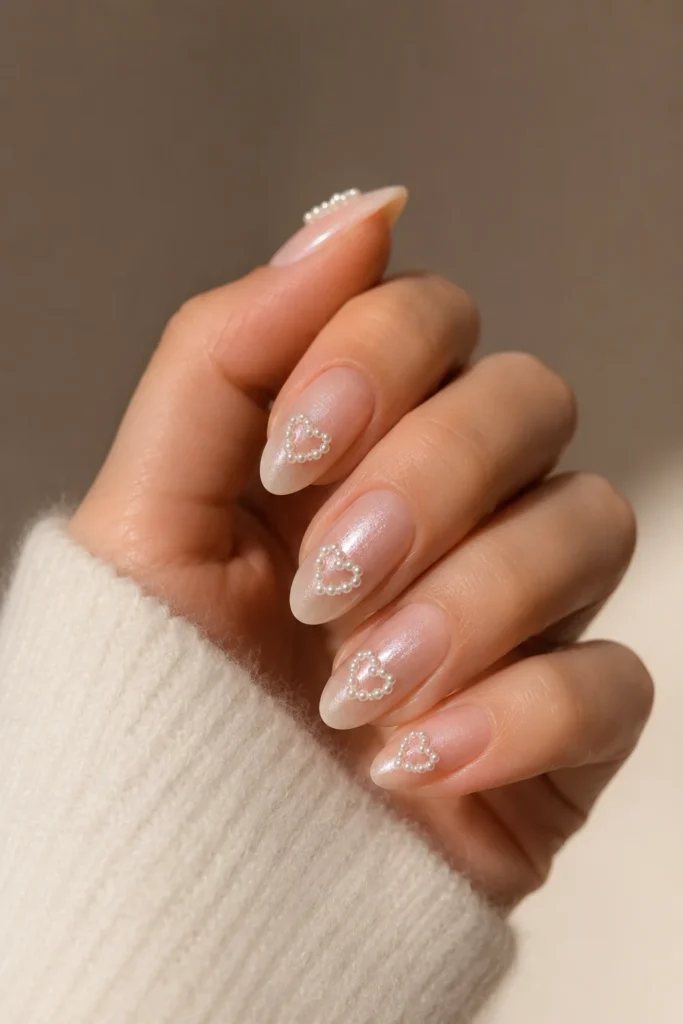 tiny pearls arranged into heart shapes on nails