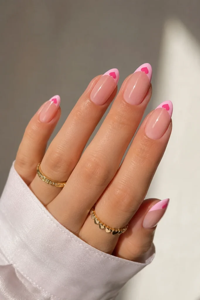 pink heart french tip nails soft feminine design