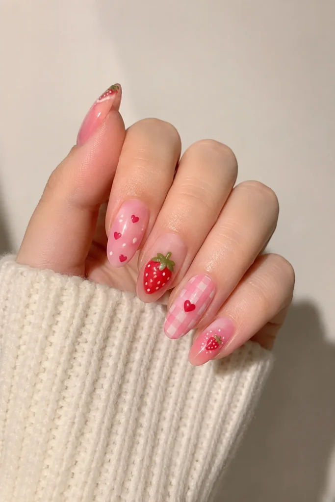 strawberry inspired nail art with tiny hearts