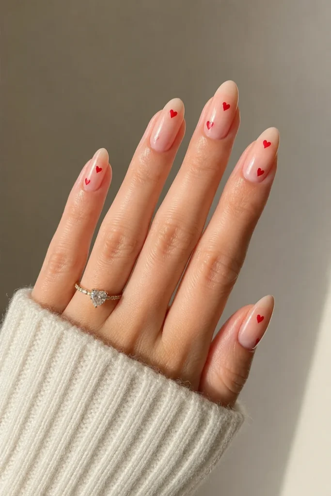 nude glossy nails with tiny hand painted red hearts