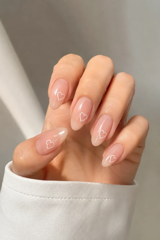 white heart outline nails on sheer nude base