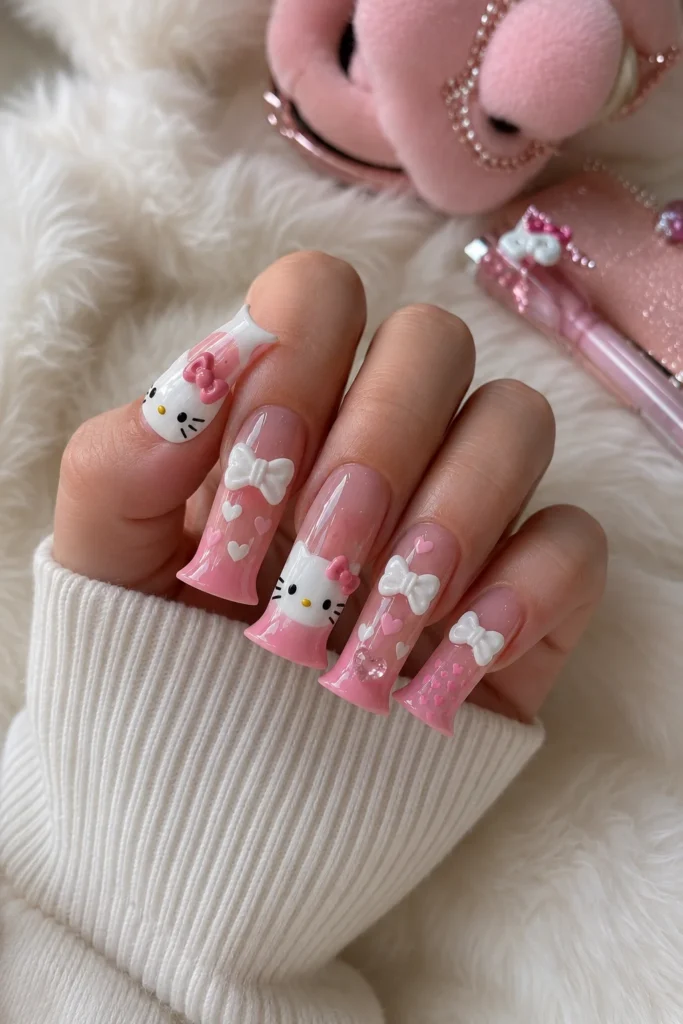 Cute Hello Kitty duck nails with bows and heart accents