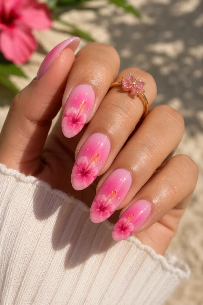 bold pink floral hibiscus aura nail design